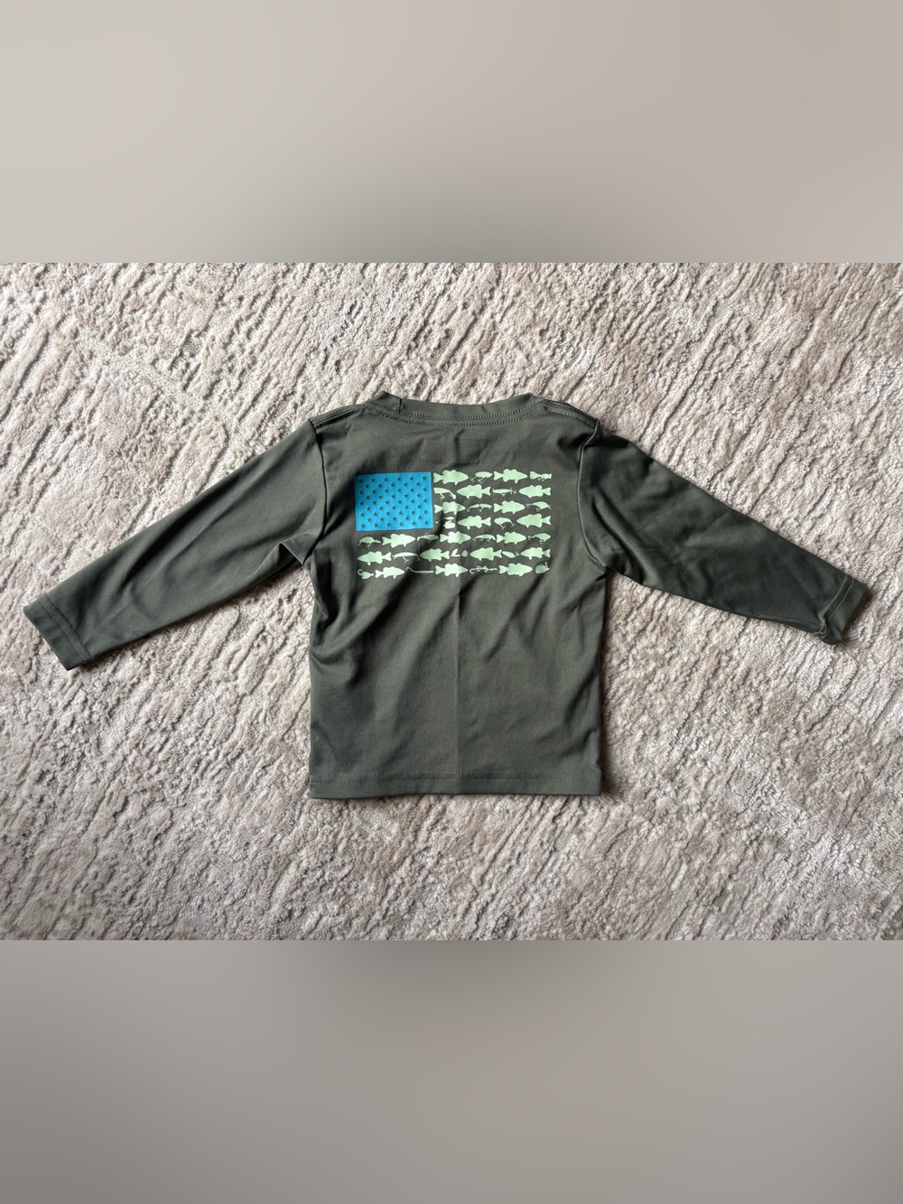 Columbia Kids Olive Green Long-Sleeve Tee with Blue Fish Flag Graphic